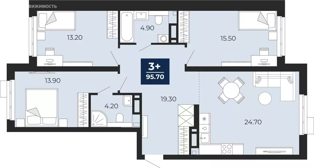 3-комнатная квартира: Тюмень, улица Пожарных и Спасателей, 2 (95.7 м) - Фото 1