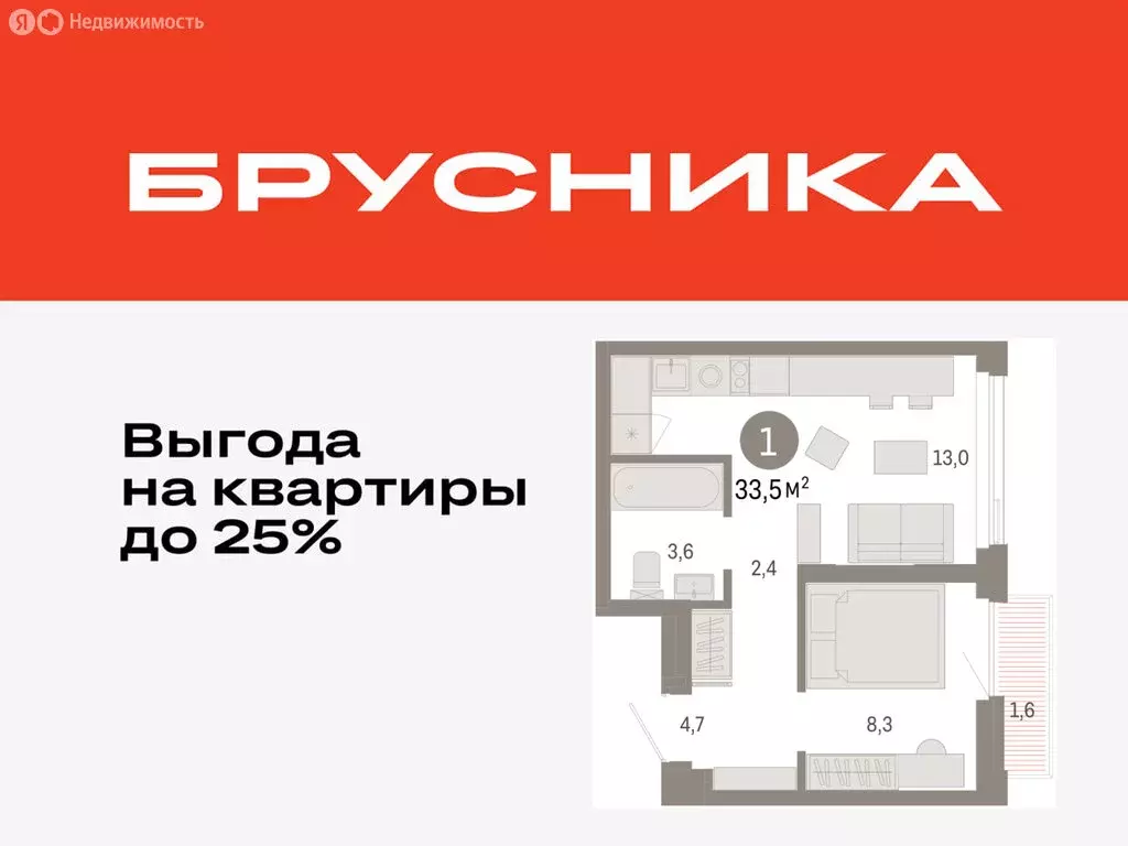 1-комнатная квартира: Тюмень, жилой комплекс Зарека (33.53 м) - Фото 0