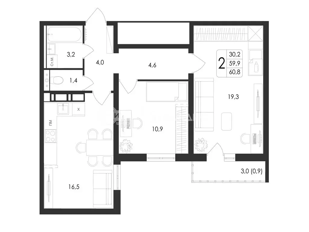 2-комнатная квартира: Воронеж, проспект Патриотов, 58А (60.8 м) - Фото 0