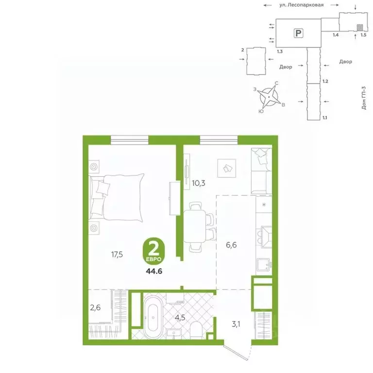 2-к кв. Тюменская область, Тюмень ул. Лесопарковая, 22 (44.6 м) - Фото 0