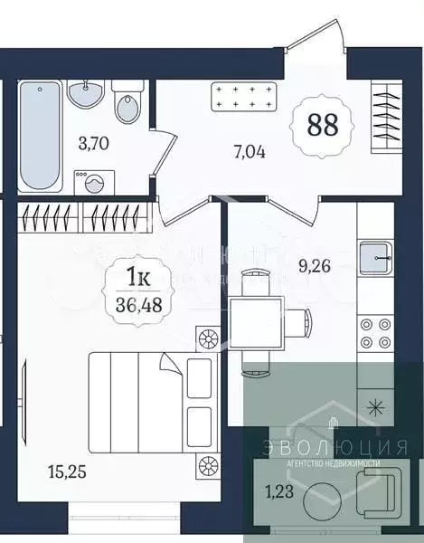 1-к. квартира, 36,5 м, 2/9 эт. - Фото 0