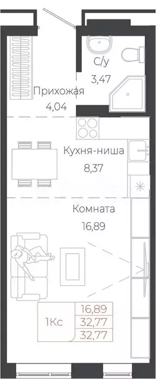 1-к. квартира, 32,8 м, 3/6 эт. - Фото 1