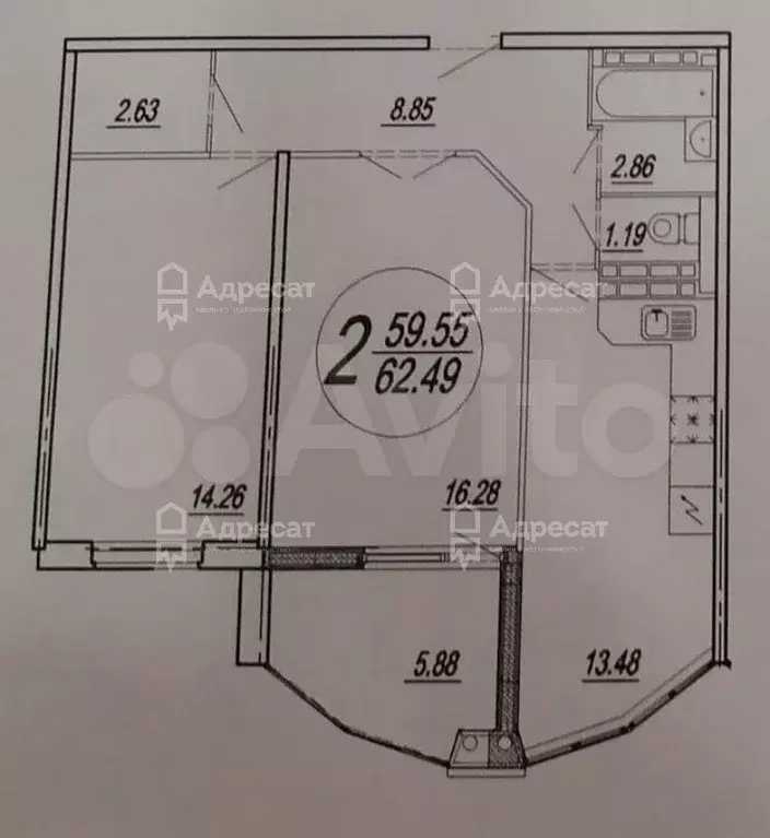 2-к. квартира, 60,3 м, 7/9 эт. - Фото 0