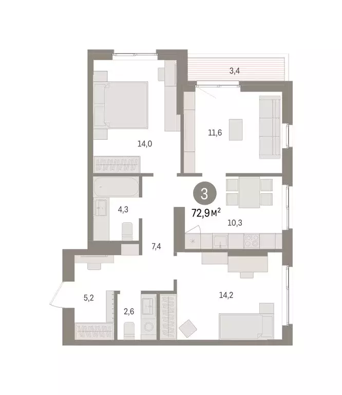 3-комнатная квартира: Пермь, микрорайон Крохалева (72.94 м) - Фото 1