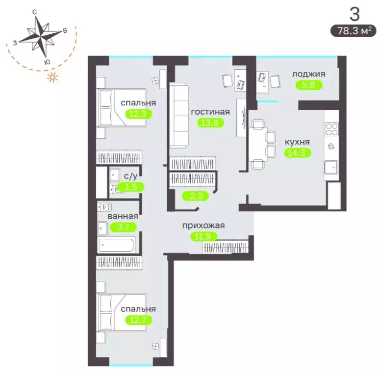 3-к кв. Ставропольский край, Ставрополь ул. 45-я Параллель, 50к2 (78.3 ... - Фото 2