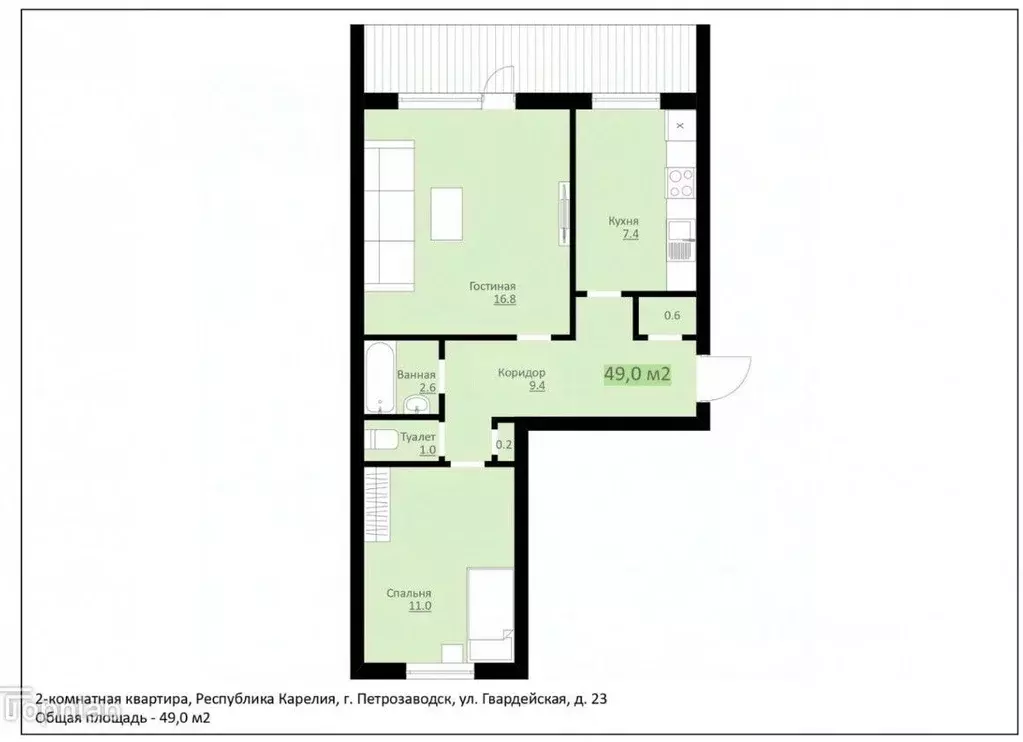 2-к кв. Карелия, Петрозаводск Гвардейская ул., 23 (49.0 м) - Фото 1