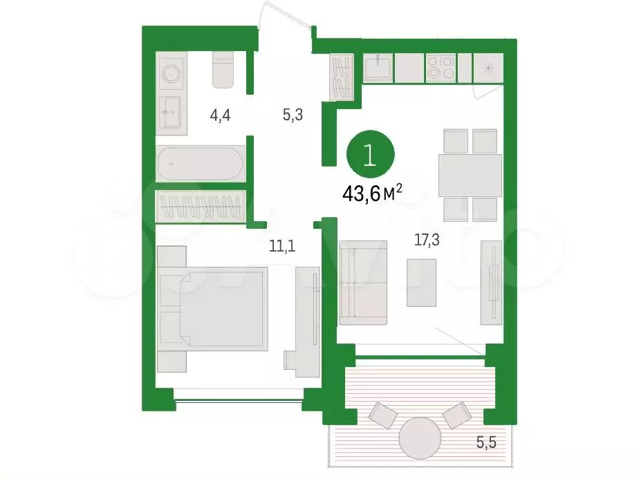 1-к. квартира, 43,6 м, 2/7 эт. - Фото 1