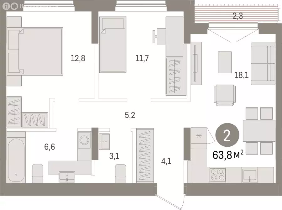 2-комнатная квартира: Новосибирск, улица Аэропорт (63.77 м) - Фото 1