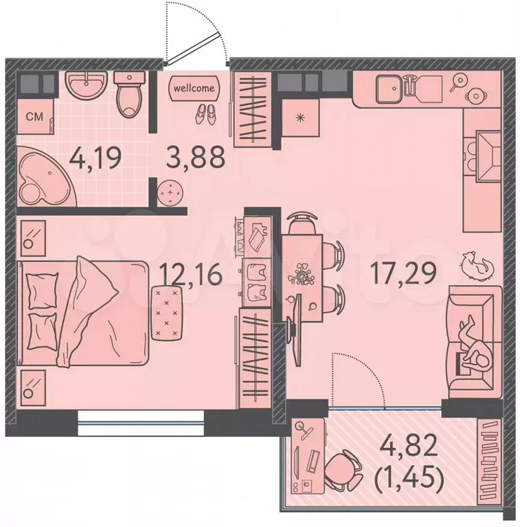 1-к. квартира, 39 м, 7/9 эт. - Фото 0