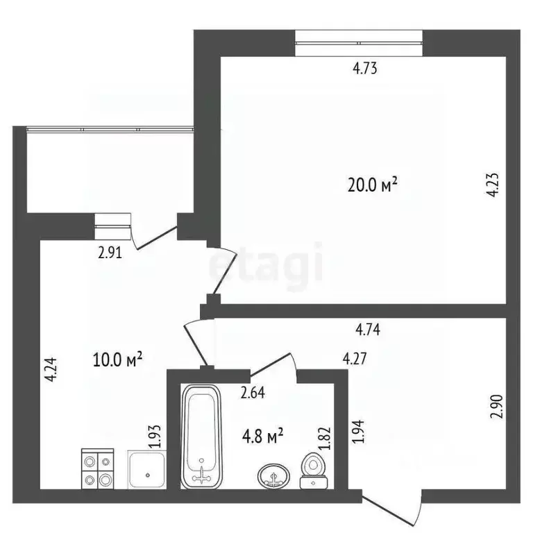 1-к кв. Тюменская область, Тюмень ул. Федюнинского, 30 (45.2 м) - Фото 2