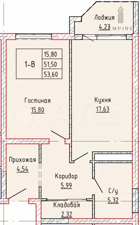 1-к. квартира, 53,6 м, 16/18 эт. - Фото 0