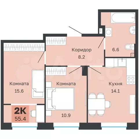 2-к. квартира, 55,4 м, 2/18 эт. - Фото 0
