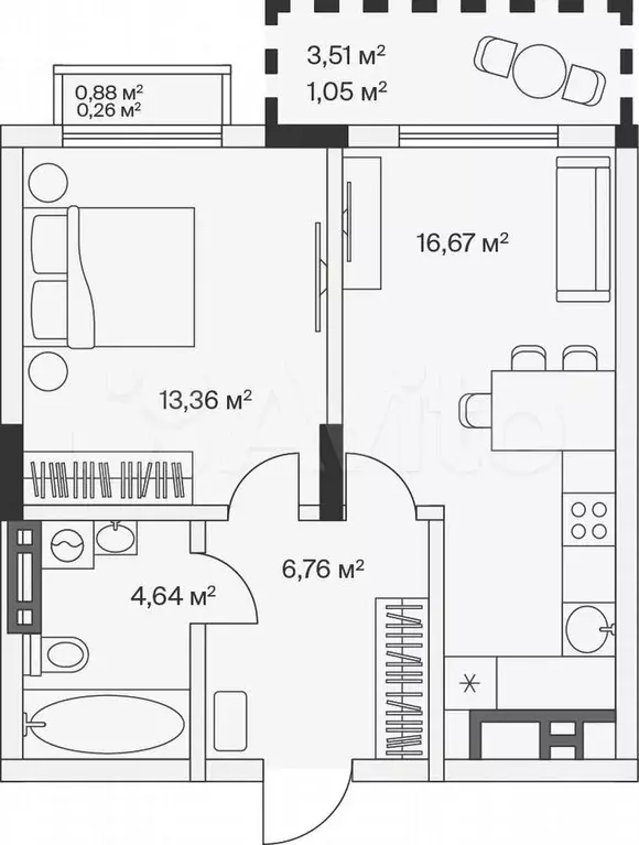 1-к. квартира, 42,7 м, 7/7 эт. - Фото 1