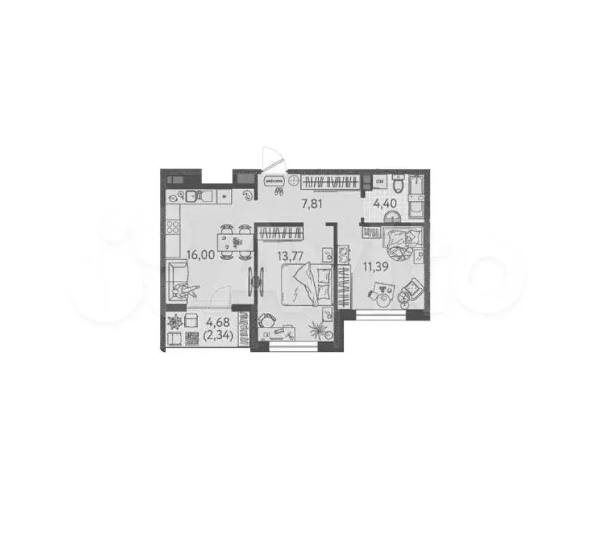 2-к. квартира, 55,7 м, 6/9 эт. - Фото 1