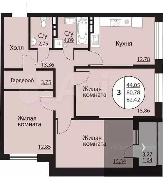 3-к. квартира, 82,4 м, 8/24 эт. - Фото 0