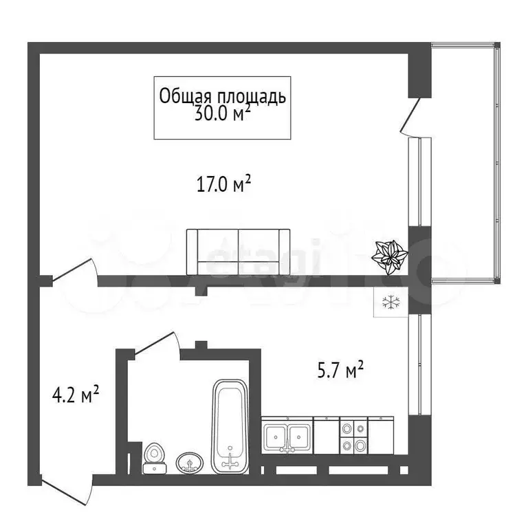 1-к. квартира, 30 м, 2/5 эт. - Фото 0