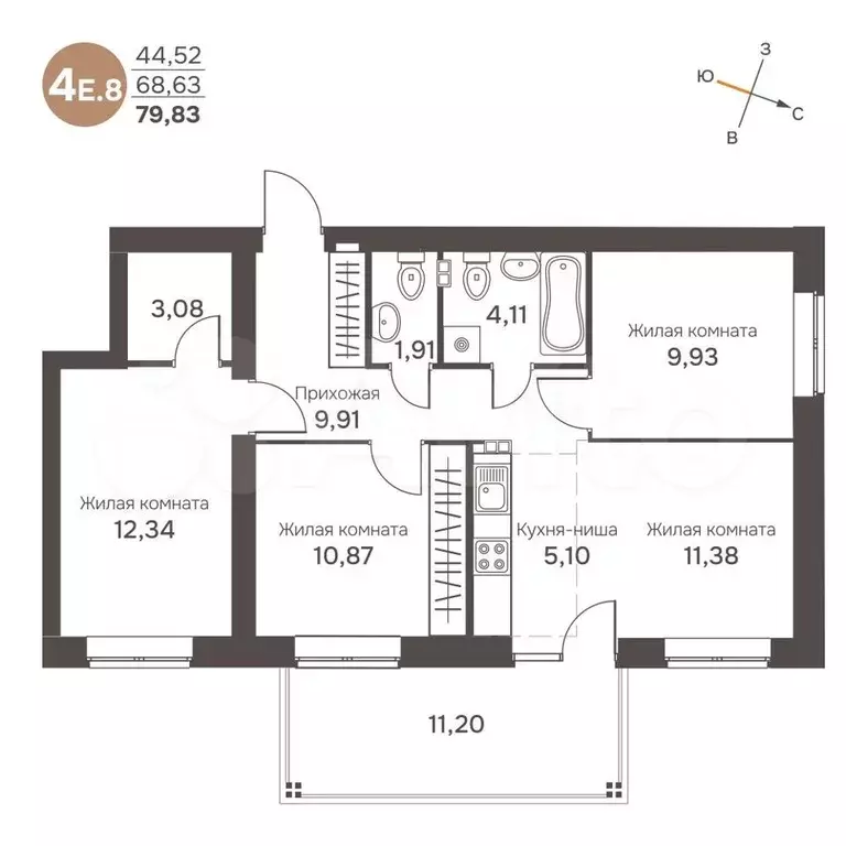 4-к. квартира, 72,1 м, 1/4 эт. - Фото 0