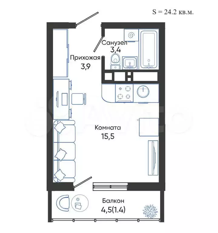 Квартира-студия, 24,2 м, 7/24 эт. - Фото 1