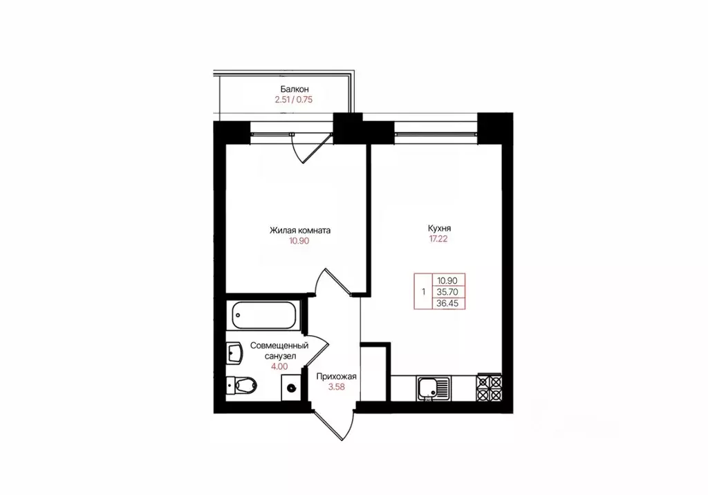 1-к кв. Татарстан, Казань Лето жилой комплекс (36.45 м) - Фото 2