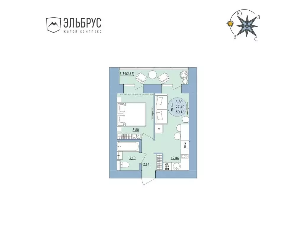 1-комнатная квартира: Уфа, микрорайон Юрюзань, ЖК Эльбрус, ск1 (30.16 ... - Фото 1