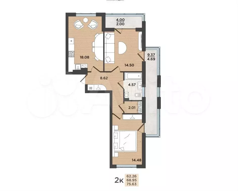 2-к. квартира, 68,7 м, 1/8 эт. - Фото 1