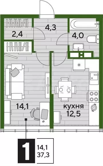 1-к. квартира, 37,3 м, 18/19 эт. - Фото 1