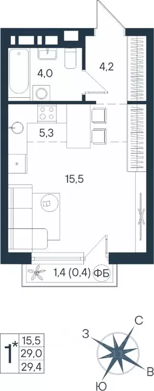 Студия Пермский край, Пермь ул. Космонавта Беляева, 17 (29.4 м) - Фото 1