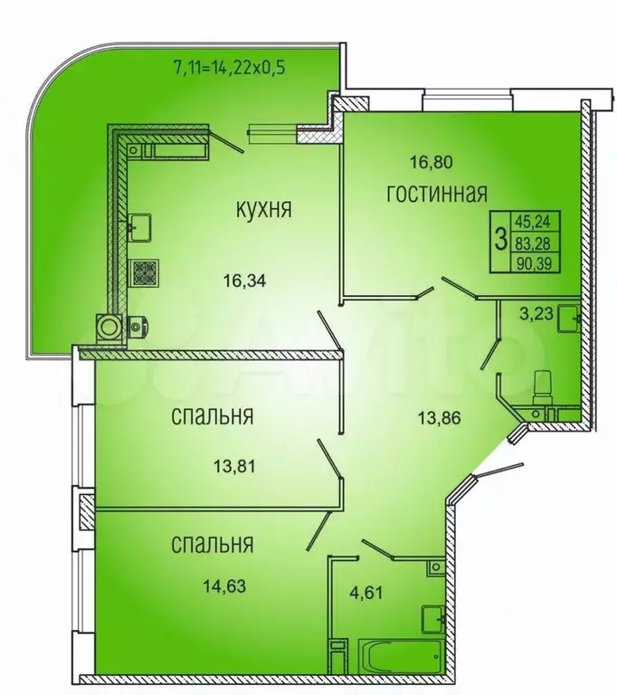 3-к. квартира, 90 м, 1/22 эт. - Фото 1