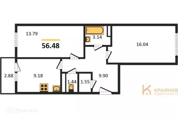 Продаётся 2-к квартира, 56.48 м - Фото 0