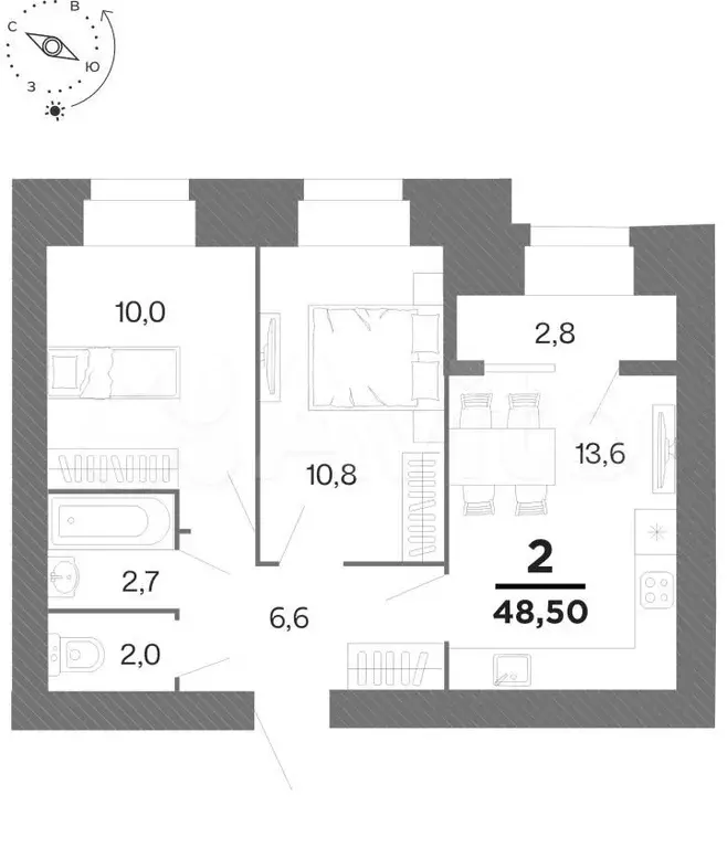 2-к. квартира, 48,5 м, 7/16 эт. - Фото 0