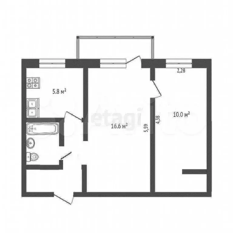 2-к. квартира, 41,7 м, 2/4 эт. - Фото 0
