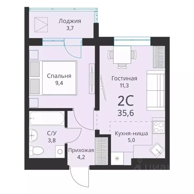 2-к кв. Новосибирская область, Новосибирск  (35.6 м) - Фото 0