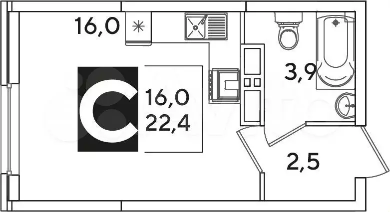 Квартира-студия, 22,4м, 13/16эт. - Фото 1