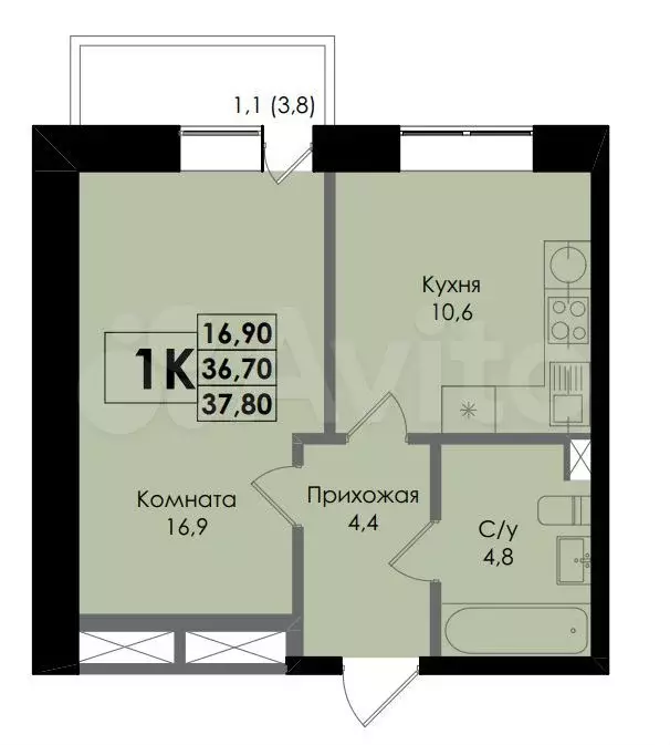 1-к. квартира, 37,8 м, 2/16 эт. - Фото 0