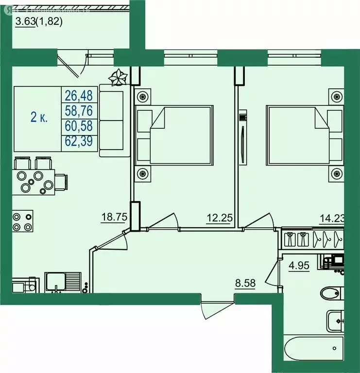 2-комнатная квартира: городской округ Владимир, посёлок ... - Фото 1