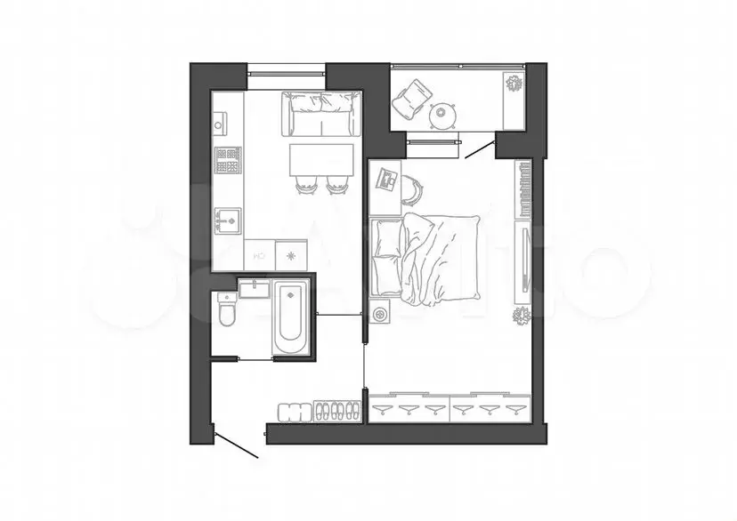 1-к. квартира, 34,1м, 2/3эт. - Фото 1