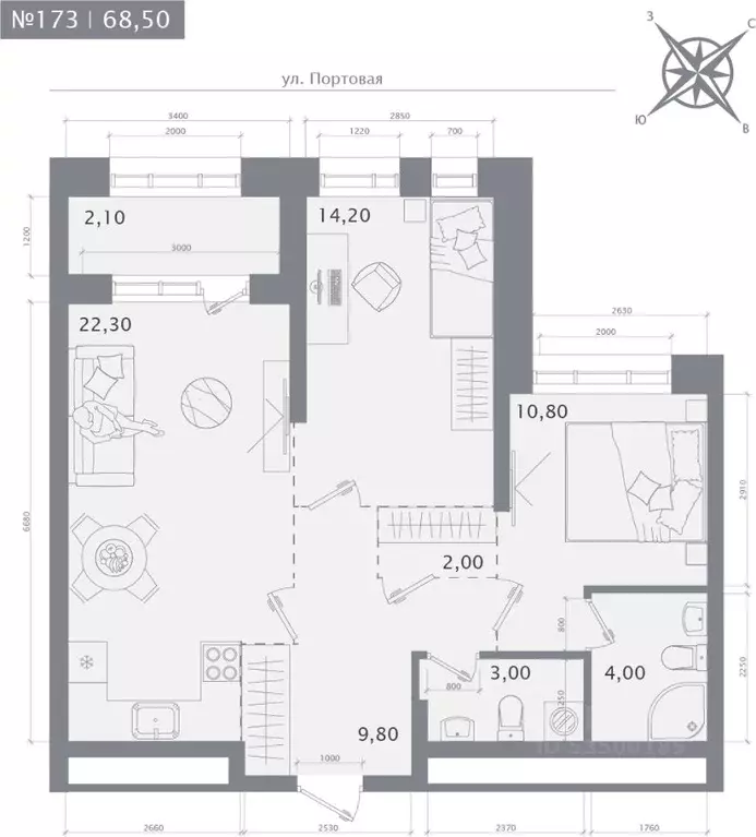 2-к кв. Татарстан, Казань 1712 жилой комплекс (68.5 м) - Фото 1