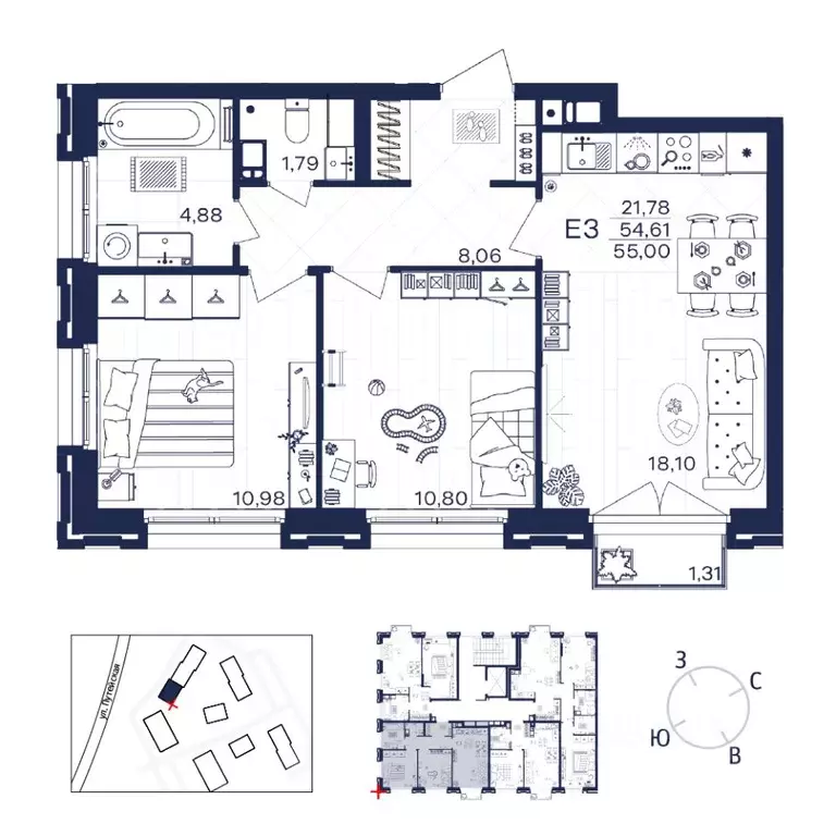 2-к кв. Тульская область, Тула  (55.0 м) - Фото 1