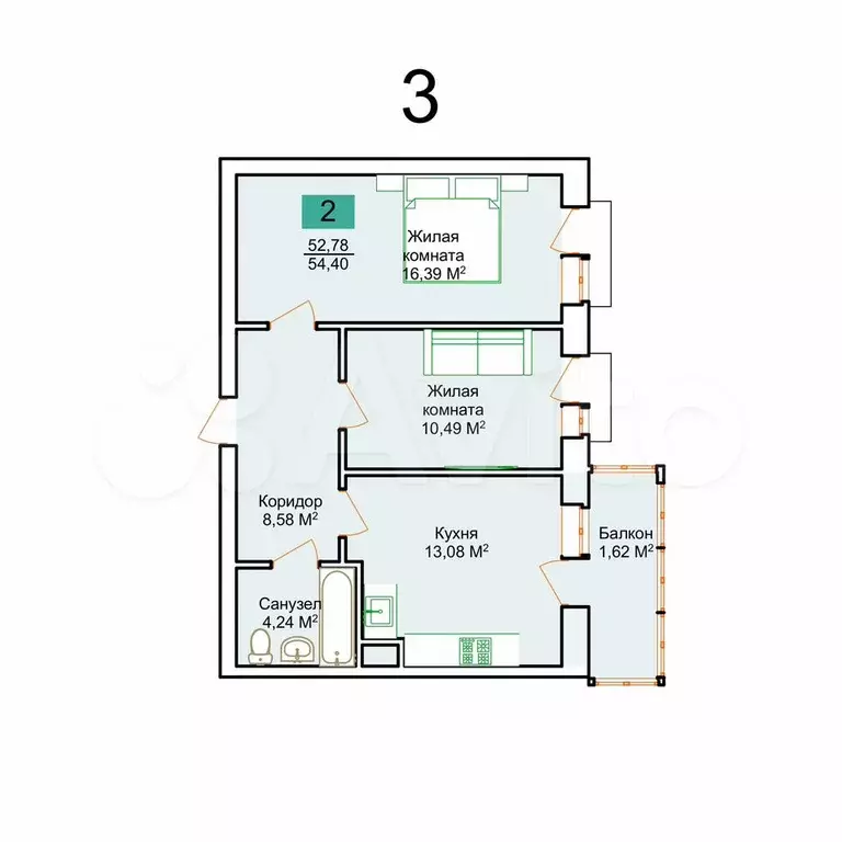 2-к. квартира, 54,4 м, 9/9 эт. - Фото 0