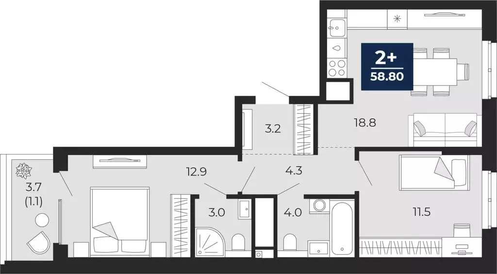 2-комнатная квартира: Тюмень, проезд Капитана Куликова, 7 (61.4 м) - Фото 1