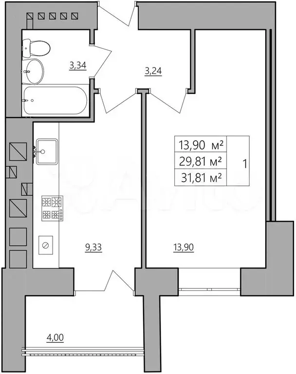 1-к. квартира, 31,8 м, 1/9 эт. - Фото 0