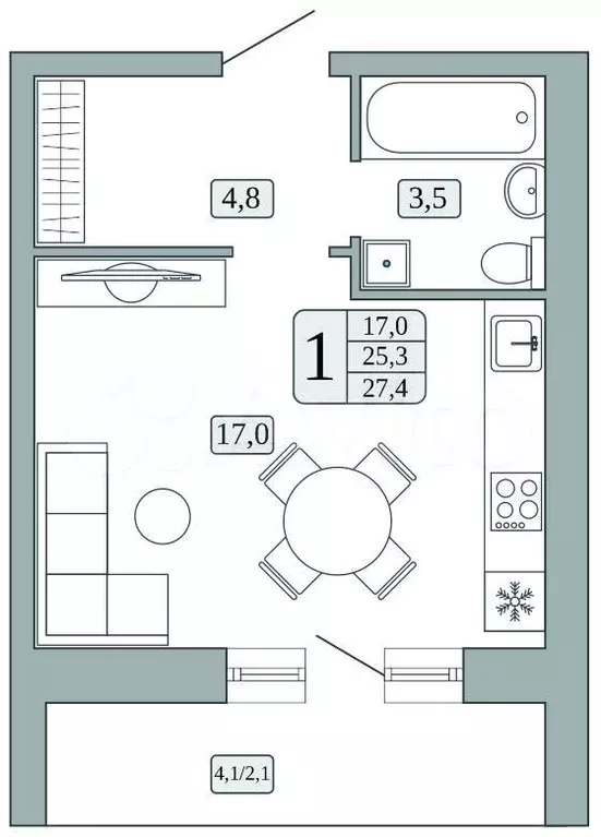 квартира-студия, 25,3 м, 8/9 эт. - Фото 0