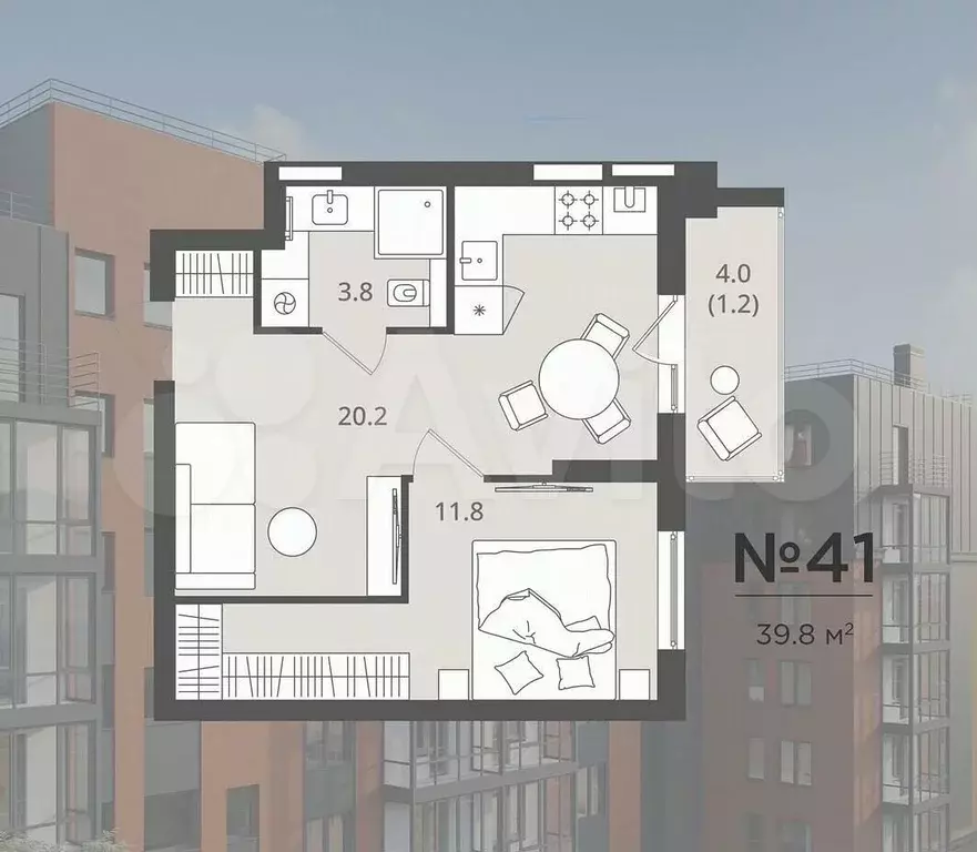 1-к. квартира, 39,8 м, 3/7 эт. - Фото 0