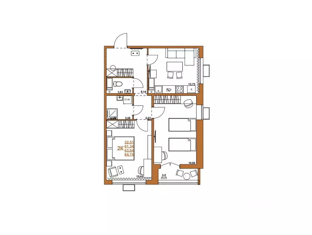 2-к кв. Челябинская область, Челябинск ул. Блюхера, 2.3.1 (63.04 м) - Фото 2