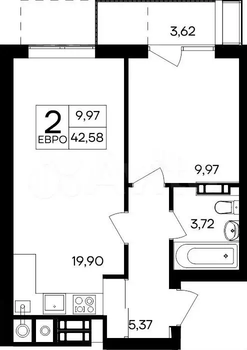 1-к. квартира, 42,6 м, 5/8 эт. - Фото 0