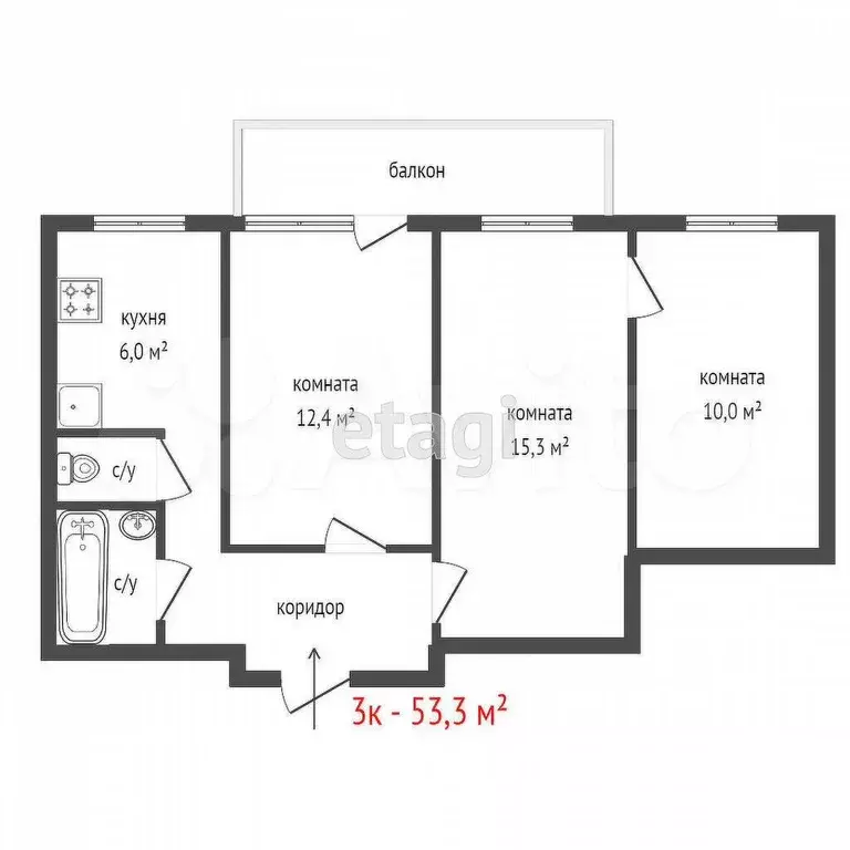 3-к. квартира, 53,3 м, 5/5 эт. - Фото 0