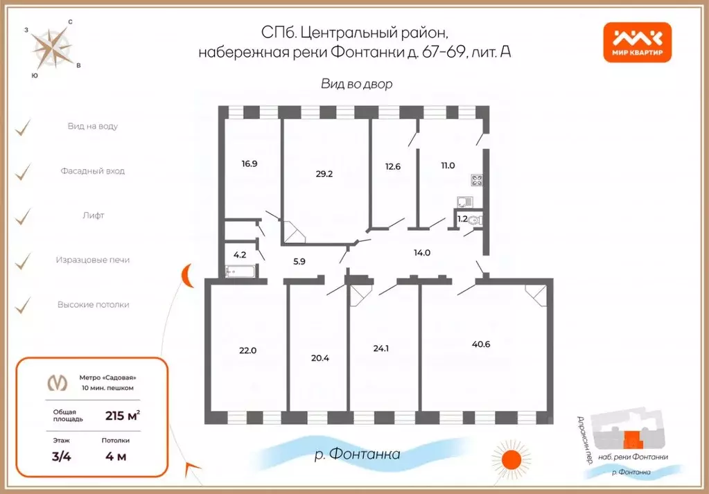 6-к кв. Санкт-Петербург наб. Реки Фонтанки, 67-69 (215.0 м) - Фото 2