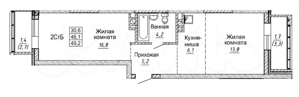 2-к. квартира, 49,3 м, 16/30 эт. - Фото 0