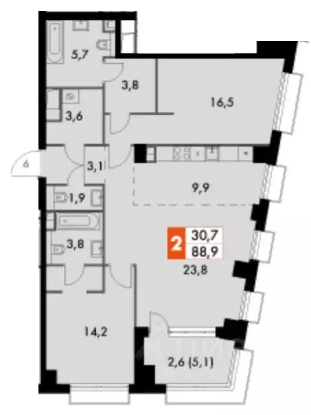 2-к кв. Москва Сидней Сити жилой комплекс, к5/2 (88.9 м) - Фото 1