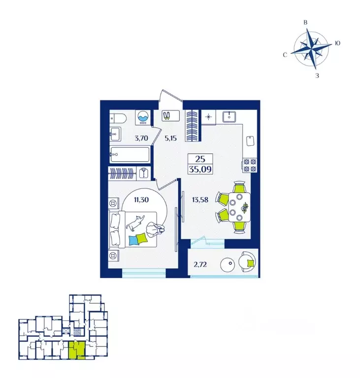 1-к кв. Калининградская область, Зеленоградск  (35.09 м) - Фото 1